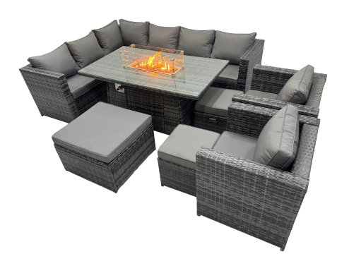 Fimous Rattan Garden Furniture Dining Set 11-seater Gas Firepit Dining Table Corner Sofa Set with 3 Stool Dark Grey Mixed