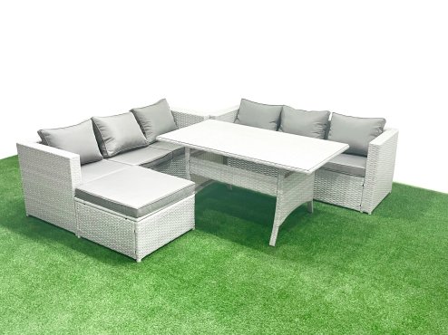 Fimous Rattan Garden Furniture Set 7 Seater Outdoor Sofa Set with Dining Table Big Footstool Light Grey Mixed