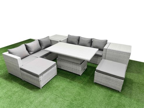 Fimous 7 PCs Rising Dining Table Set Rattan Furniture Set with 3 Seater Sofa 2 Big Footstools 2 Side Tables Light Grey