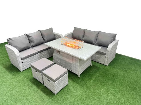Fimous Outdoor Garden Furniture Sets 8 Seater Wicker Rattan Furniture Sofa Sets with Firepit Dining Table high Back Lounge Sofa Stools Light Grey