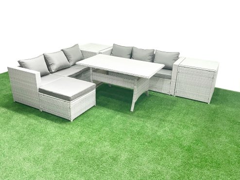 Fimous Rattan Garden Furniture Set 7 Seater Outdoor Sofa Set with Dining Table 2 Side Tables Big Footstool Light Grey Mixed