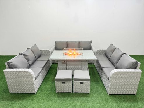 Fimous PE Rattan Lounge Sofa Set 11 Seater Outdoor Garden Furniture Set with Firepit Dining Table 3 Seater Sofa 2 Stools Light Grey