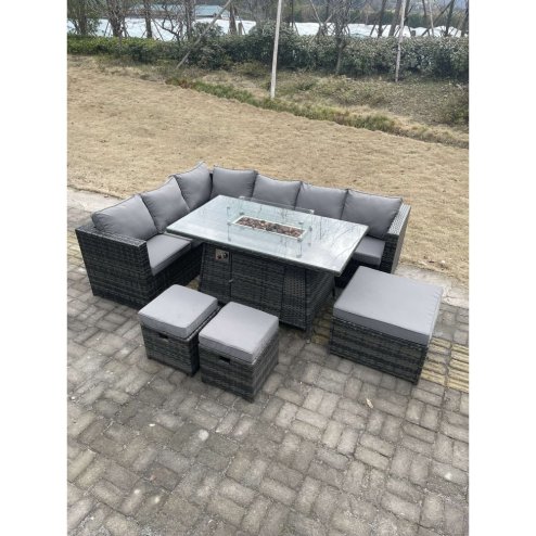 Fimous 9 Seater Rattan Corner Sofa Set Gas Firepit Dining Table Set Patio Heater Burner With Big Footstool Dark Grey Mixed