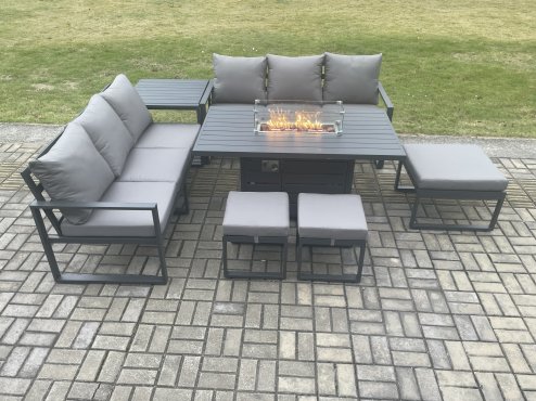 Fimous Aluminium Outdoor Lounge Sofa Garden Furniture Sets Gas Fire Pit Dining Table Set with 3 Footstools Side Table Dark Grey
