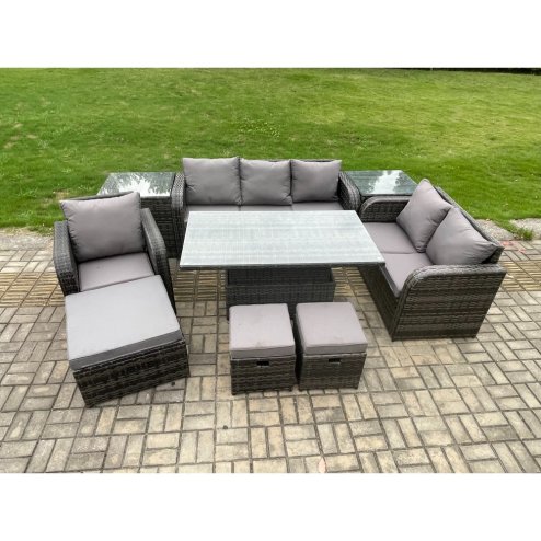 Fimous Rattan Outdoor Furniture Garden Dining Set Patio Height Adjustable Rising lifting Table Reclining Chair Sofa With 2 Side Tables 3 Footstools Dark Grey Mixed