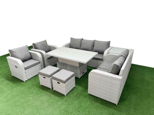 Fimous PE Rattan Garden Furniture Set Reclining Chair Sofa Double Love Seat 2 Seater Sofa Lounge Set Adjustable Lifting Dining or Coffee Table 2 Stools Side Table Light Grey