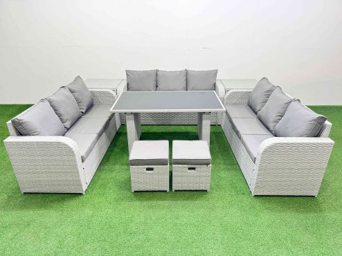 Fimous Patio Garden Furniture Sets with Black Glass Top Dining Table 3 Seater Sofa 2 Side Tables 2 Small Stool Light Grey