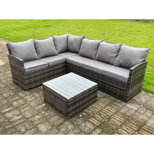 High Back Dark Mixed Grey Rattan Corner Sofa Set Outdoor Furniture Square Coffee Table 6 Seater