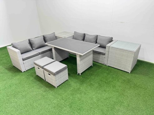Fimous Rattan Garden Furniture Dining Set 8-seater Patio Rectangular Table Sofa Set with 2 Side Tables 2 Small Stools Light Grey