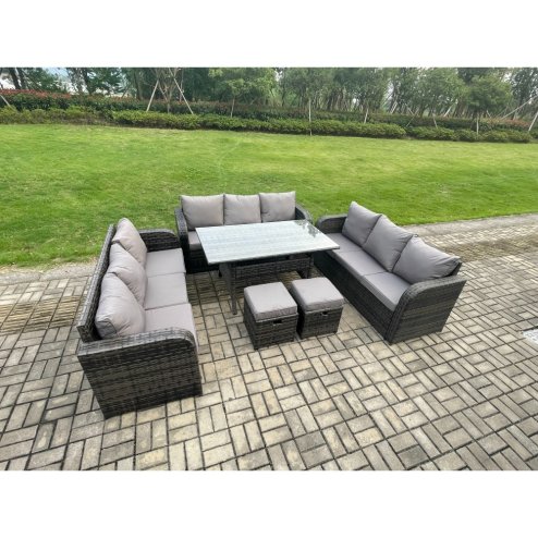 Fimous Rattan Garden Furniture Set with Oblong Rectangular Dining Table 2 Small Footstools 11 Seater Outdoor Lounge Sofa Set Dark Grey Mixed