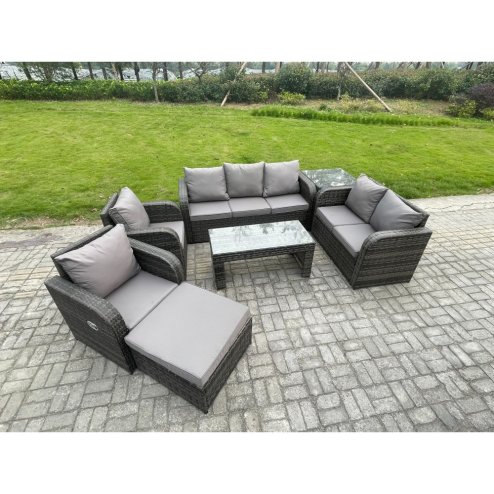 Fimous 8 Seater Outdoor Rattan Garden Furniture Set Patio Lounge Sofa Set with Rectangular Coffee Table Big Footstool Side Table Dark Grey Mixed
