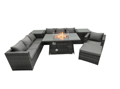 Fimous Rattan Garden Furniture Firepit Dining Set 8 Seater Lounge Sofa Table Set with 2 side table big Footstool