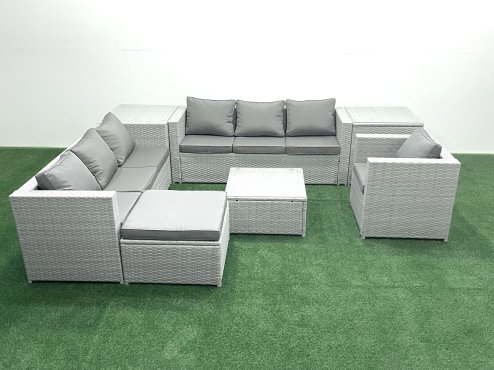 Fimous Wicker PE Rattan Sofa Garden Furniture Set with Armchair Square Coffee Table Big Footstool 2 Side Tables Light Grey Mixed