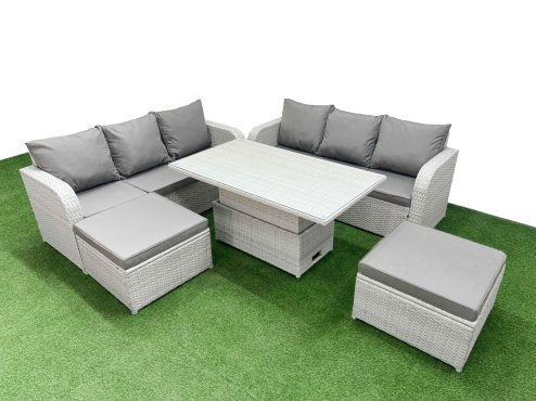 Fimous Outdoor Garden Furniture Sets 8 Seater Wicker Rattan Furniture Sofa Sets with Adjustable Lifting Dining or Coffee Table high Back Lounge Sofa 2 Big Footstool Light Grey