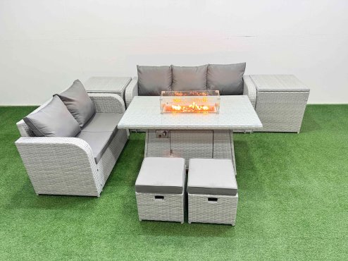 Fimous 7 Seater PE Rattan Wicker Garden Furniture Patio Conservatory Sofa Set with Firepit Dining Table 3 Seater Sofa Love Sofa 2 Stools 2 Side Table