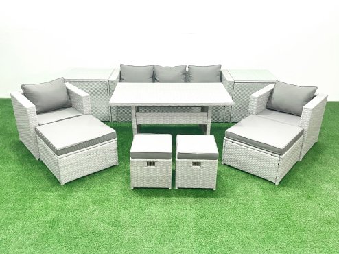 Fimous Rattan Garden Furniture Set Outdoor 9 Seater Patio Dining Sets with Glass Top Dining Table and 2 Side Tables Light Grey Mixed