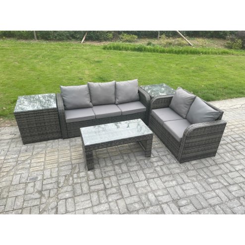 Fimous Rattan Wicker Garden Furniture Patio Conservatory Sofa Set with Rectangular Coffee Table Reclining Chair 2 Side Tables