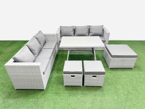 Fimous Rattan Garden Furniture Dining Set 9-seater Patio Rectangular Table 3 Seater Sofa Set with 3 Stools Light Grey