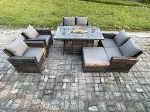 Fimous Wicker PE Rattan Garden Furniture Sets 7 Seater Patio Outdoor Gas Firepit Dining Table Heater Set with Double Seat Sofa Big Footstool Dark Grey Mixed
