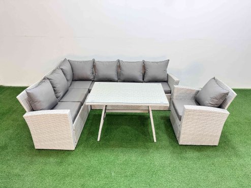 Fimous Garden Outdoor Rattan Furniture Set Rattan Corner Sofa Oblong Dining Table with Armchair Light Grey Mixed 7 Seater
