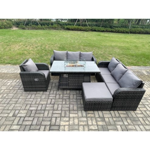 Fimous Rattan Outdoor Furniture Gas Fire Pit Rectangle Dining Table Gas Heater Reclining Chair 3 Seater Sofa Sets with Big Footstool 8 Seater