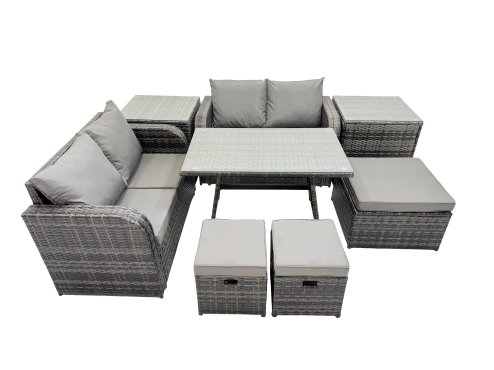 Fimous 7 Seater Garden Outdoor Rattan Furniture Set Rattan Sofa Oblong Dining Table with 2 Side Tables Dark Grey