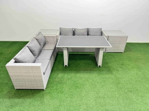 Fimous Rattan Garden Furniture Dining Set 6-seater Patio Rectangular Table Sofa Set with 2 Side Tables Light Grey