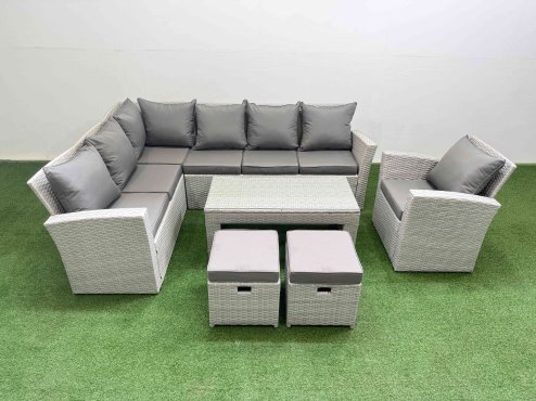 Fimous Rattan Garden Furniture Set Outdoor 9 Seater Corner Sofa Sets with Oblong Coffee Table Chair 2 Small Footstools Light Grey Mixed