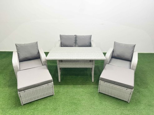 Fimous Light Grey PE Wicker Rattan Garden Furniture Set Sofa Set Reclining Chair Rectangular Dining Table 6 Seater 2 Big Stools