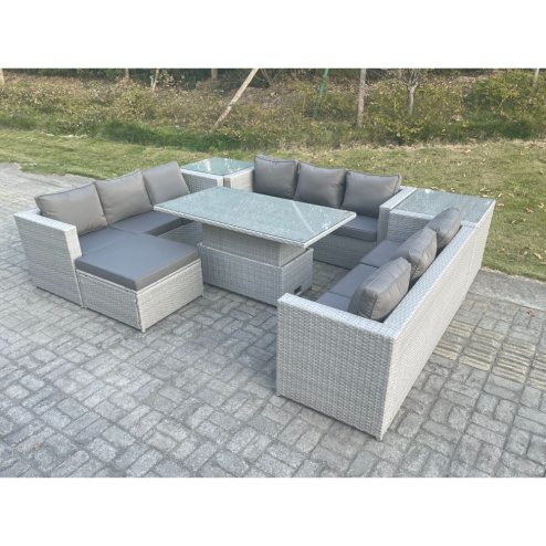 Fimous U Shape Lounge Rattan Garden Furniture Set Height Adjustable Rising Lifting Table Dining Set With 2 PC Side Coffee Table Footstool