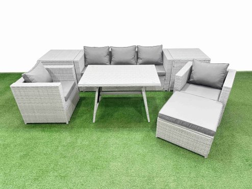 Fimous 8 Pieces Outdoor PE Rattan Sofa Armchair Set Patio Garden Furniture Sets with Cushions 2 Side Tables Big Stool Light Grey