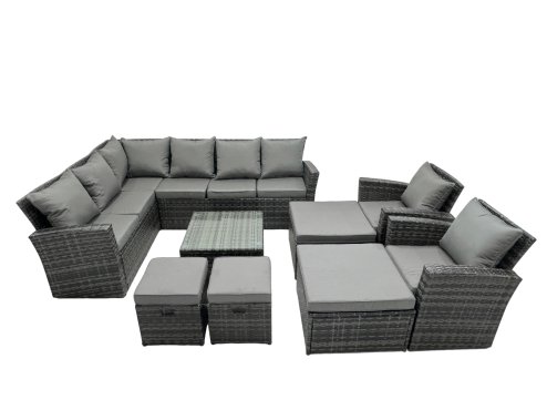 Fimous 12 Seat Poly Rattan Outdoor Patio Coffee Table Corner Sofa Set with 4 Stool 2 Chairs for Garden Backyard Dark Grey Mixed