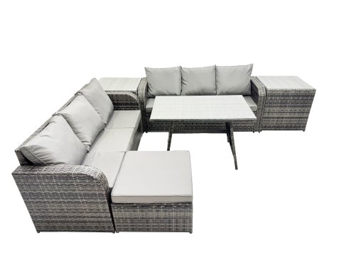 Fimous Garden Rattan Outdoor Furniture Set 7 Seater with 3 Seater Sofa Big Stool 2 Side Table Dark Grey