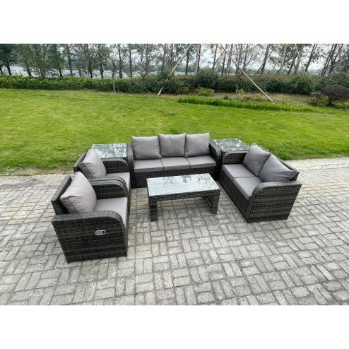 Fimous Outdoor Rattan Garden Furniture Set Rattan Lounge Sofa Set with Rectangular Coffee Table 2 Side Tables Dark Grey Mixed