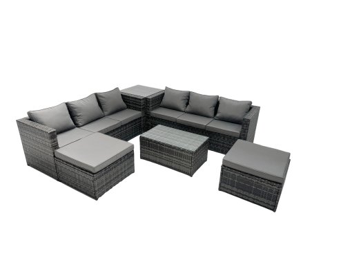 Fimous Rattan Garden Furniture Dining Set 8-seater Patio Coffee Table Sofa Set with Side Table 2 Big Footstools Dark Grey Mixed