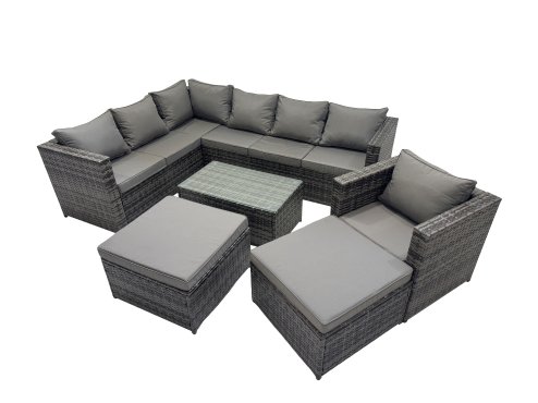Fimous Outdoor Rattan Rectangular Coffee Table Corner Sofa Sets Garden Furniture Set with 2 Big Stools Dark Grey Mixed