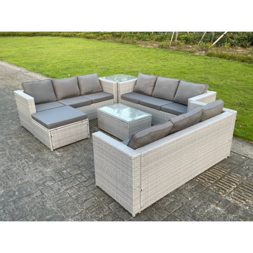 Fimous 10 Seat Light Grey Lounge Outdoor PE Rattan Garden Furniture Set Wicker Sofa Set Oblong Coffee Table Side Table Footstool