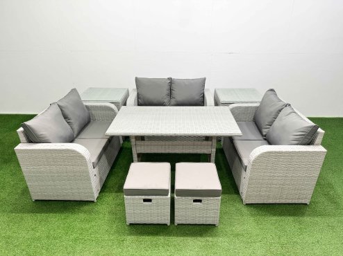 Fimous 8 Seater PE Wicker Rattan Furniture Sofa Sets with Rectangular Dining Table 2 Seater Love Sofa 2 Stool 2 Side Table Light Grey