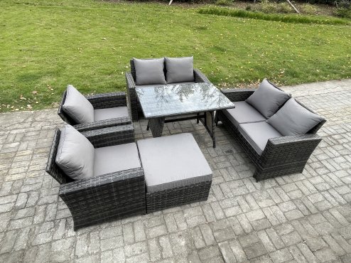 Fimous Rattan Garden Furniture Set 7 Seater Patio Outdoor Lounge Sofa Set with Rectangular Dining Table Love Seat Sofa Dark Grey Mixed