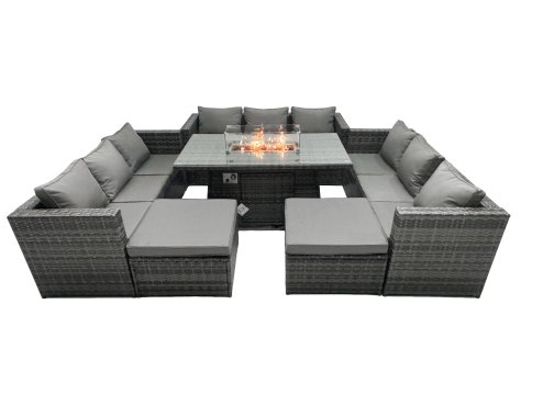 Fimous Rattan Garden Furniture Firepit Set Outdoor 11 Seater Patio Dining Sets with Glass Top Dining Table