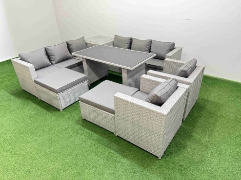 Fimous 10 Seater Wicker PE Rattan Furniture Outdoor Dining Table 3 Seater Sofa Armchair Set with Side Table 2 Big Stools Light Grey