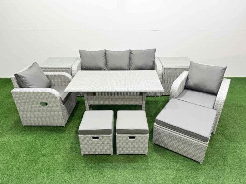 Fimous PE Rattan Garden Furniture Set Reclining Chair Sofa Lounge Sofa Set Rectangular Dining Table 2 Side Table 3 Stools Light Grey