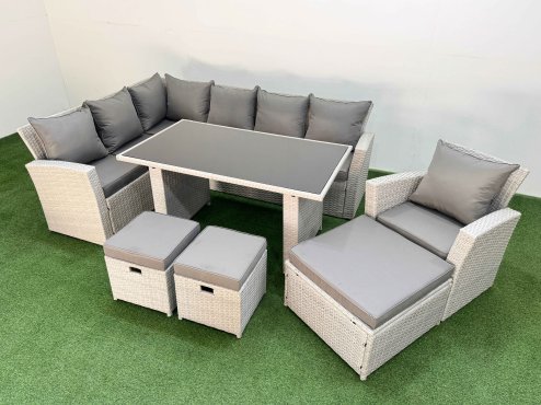 Fimous 10 Seater Wicker Rattan Corner Sofa Sets Outdoor Garden Furniture Sets with Rectangular Dining Table Lounge Sofa 3 Footstools Armchair Light Grey