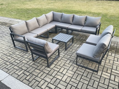 Fimous 10 Seater Patio Outdoor Garden Furniture Aluminium Lounge Corner Sofa Set with Square Coffee Table Dark Grey
