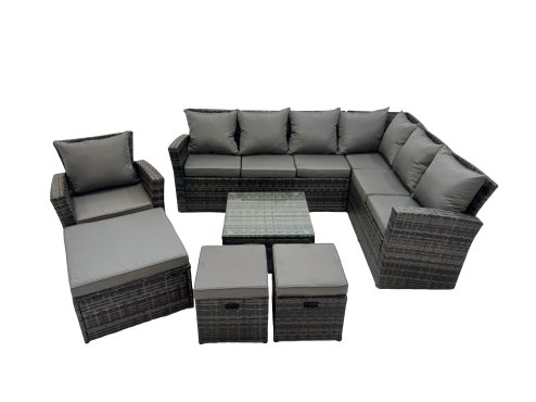 Fimous Rattan Garden Outdoor Furniture Set 10 Seater Garden Sofa Coffee Table Set with Chair 3 Footstools Dark Grey Mixed