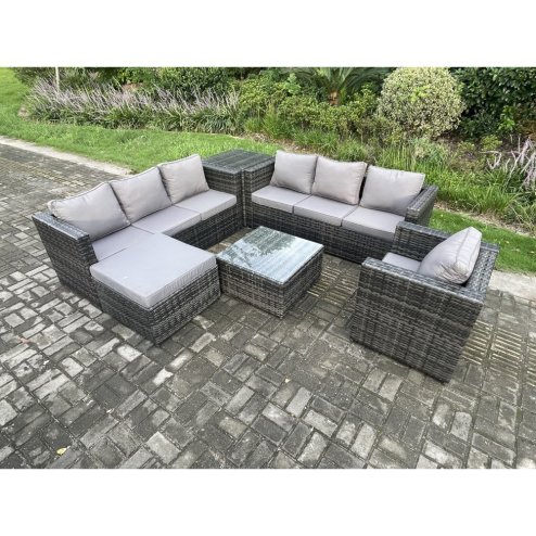 Fimous Rattan Garden Furniture Sofa Set with Armchair Side Table Square Coffee Table Big Footstool Indoor Side Table Outdoor 8 Seater Rattan Set Dark Grey Mixed