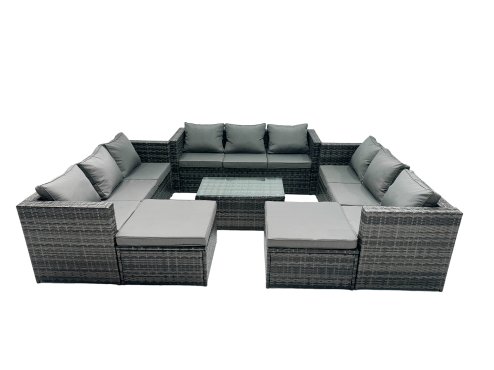 Fimous Rattan Garden Furniture Dining Set 11-seater Patio Coffee Table Sofa Set with 2 Big Stools Dark Grey Mixed