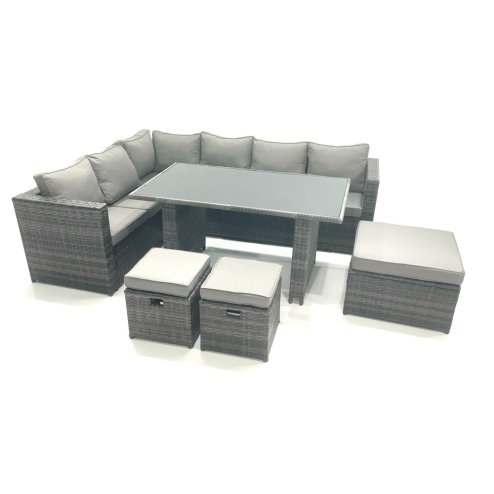 Fimous PE Rattan Corner Sofa Set Rectangular Dining Table Set With Seat And Back Cushion 7 Seater