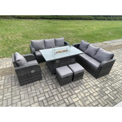 Fimous 9 Seater Wicker Rattan Garden Furniture Set Gas Fire Pit Dining Table Reclining Chair 3 Seater Sofa Set Indoor Outdoor with 2 Small Footstools