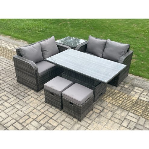 Fimous Outdoor Rattan Furniture Garden Dining Set Height Adjustable Rising lifting Table Love Sofa Set With Side Table 2 Small Footstool Dark Grey Mixed